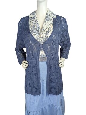 Vintage Denim Blue Open Knit Long Cardigan Cotton Sweater M L Coastal Boho